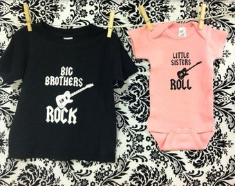 Big Brothers Rock Little Sisters Roll guitar siblings set of 2 short sleeve tshirt and bodysuit 2T boys and Newborn girls