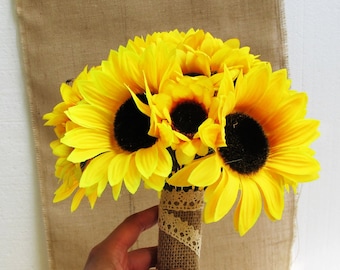 Bouquet da sposa con girasoli, bouquet artificiale, bouquet da sposa, vintage, in tessuto di seta con fiocco per spose, servizio fotografico, cerimonia di matrimonio, feste, 25 cm x 55 cm