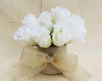Roses Table Decor Silk White Roses Bleached Burlap Decoration Silk Flowers Reception Artificial Flowers Table Centerpiece Flower Fabric