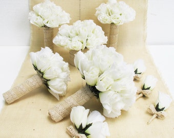 Bouquet da sposa Set 9 pezzi Seta bianca Rose sbiancate Tela Pizzo Bouquet Fiori rosa Bouquet Fiori da sposa Elegante set da sposa