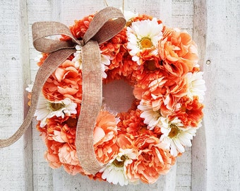 Peony and Herberas Wreath For Front Door, Summer Wreath, Silk Artificial Flower Table Centerpiece Orange White Wedding Decor Burlap Rustic