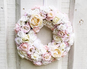 Soft Colors Roses Wreath, Artificial Silk Flowers Door Decor, Love gift Valentine Day Table Centerpiece Summer Spring Wedding White Pink