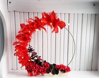 Red Feathers Standing Wreath on Wood Base, Eucalyptus Branches, Mini Red Roses Artificial Silk Flowers Bar Decor Reception Table Centerpiece