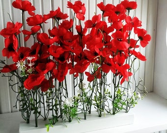 Red Poppies Decor on White Painted Wood Base, Silk Big Anemone Decoration, Flowers Reception, Artificial Flowers Table Centerpiece