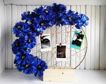 Blue Cornflowers Wreath Picture Frame for Polaroids Standing on Wood Base Exclusive Gift for Mother's Day Valentine's Day Wedding Home Decor