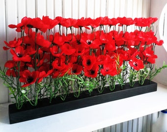 Red Poppies Decor on Black Painted Wood Base Silk Big Flowers Bar Anemone Decor Silk Flowers Reception Artificial Flowers Table Centerpiece