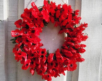 Poppies Wreath, Red Artificial Flowers Wreaths Front Door Decoration Red Silk Flowers Table Centerpiece Summer Spring Wedding Decor, Branch