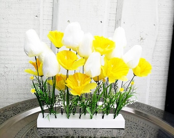 Spring Flowers Decor on Natural White Painted Wood Base, Silk Daffodils and White Tulips Decoration, Artificial Flowers Table Centerpiece