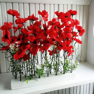 Red Poppies Decor on White Painted Wood Base, Silk Big Anemone Decoration, Flowers Reception, Artificial Flowers Table Centerpiece