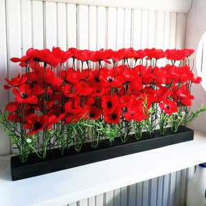Red Poppies Decor on Black Painted Wood Base Silk Big Flowers Bar Anemone Decor Silk Flowers Reception Artificial Flowers Table Centerpiece