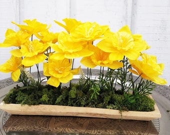 Daffodils, LED GARLAND and Preserved Moss Decor on Natural Wood Base, Forest Flowers Decoration, Spring Easter Reception Table Centerpiece