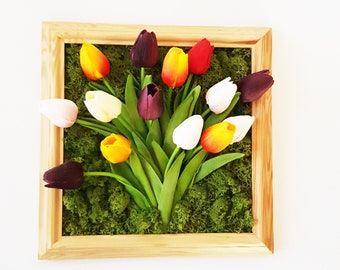 Tulips and Moss Wall Decor, Square Vertical Decoration, Spring Artificial Flowers Arrangement, PU Tulips Decor, Moss Art, Mothers Day Gift