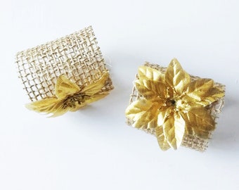 10 Napkin Rings, Gold Poinsettias Burlap Christmas Wedding Party Napkin Table Decor Paper Napkins Holders Birthday Party Events Holidays