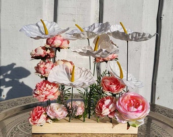 White Anthurium and Pink Roses Decor on Natural Wood Base Silk Artificial Flowers Decoration, Reception Artificial Flowers Table Centerpiece
