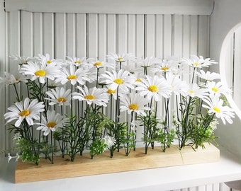 White Daisies Decor on Natural Wood Base, Silk Wild Flowers Decoration, Silk Flowers Reception Artificial Flowers Table Centerpiece