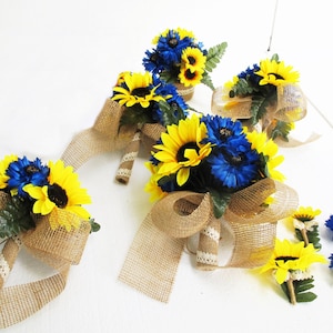 Wedding Bouquet Set 9 Pieces Set Yellow Silk Sunflowers Blue Cornflower Burlap Lace Bouquet Flowers Wedding Flowers Rustic Artificial