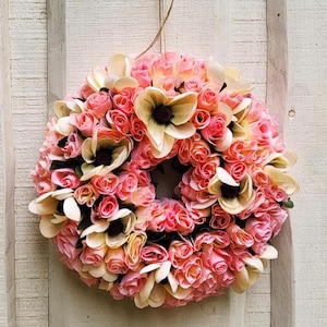Pink Roses and White Magnolias Wreath, Artificial Silk Flowers Door Decor, Love gift Valentine Day Table Centerpiece Summer Spring Wedding