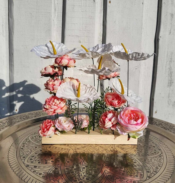 White Anthurium and Pink Roses Decor on Natural Wood Base Silk Artificial  Flowers Decoration, Reception Artificial Flowers Table Centerpiece - Etsy