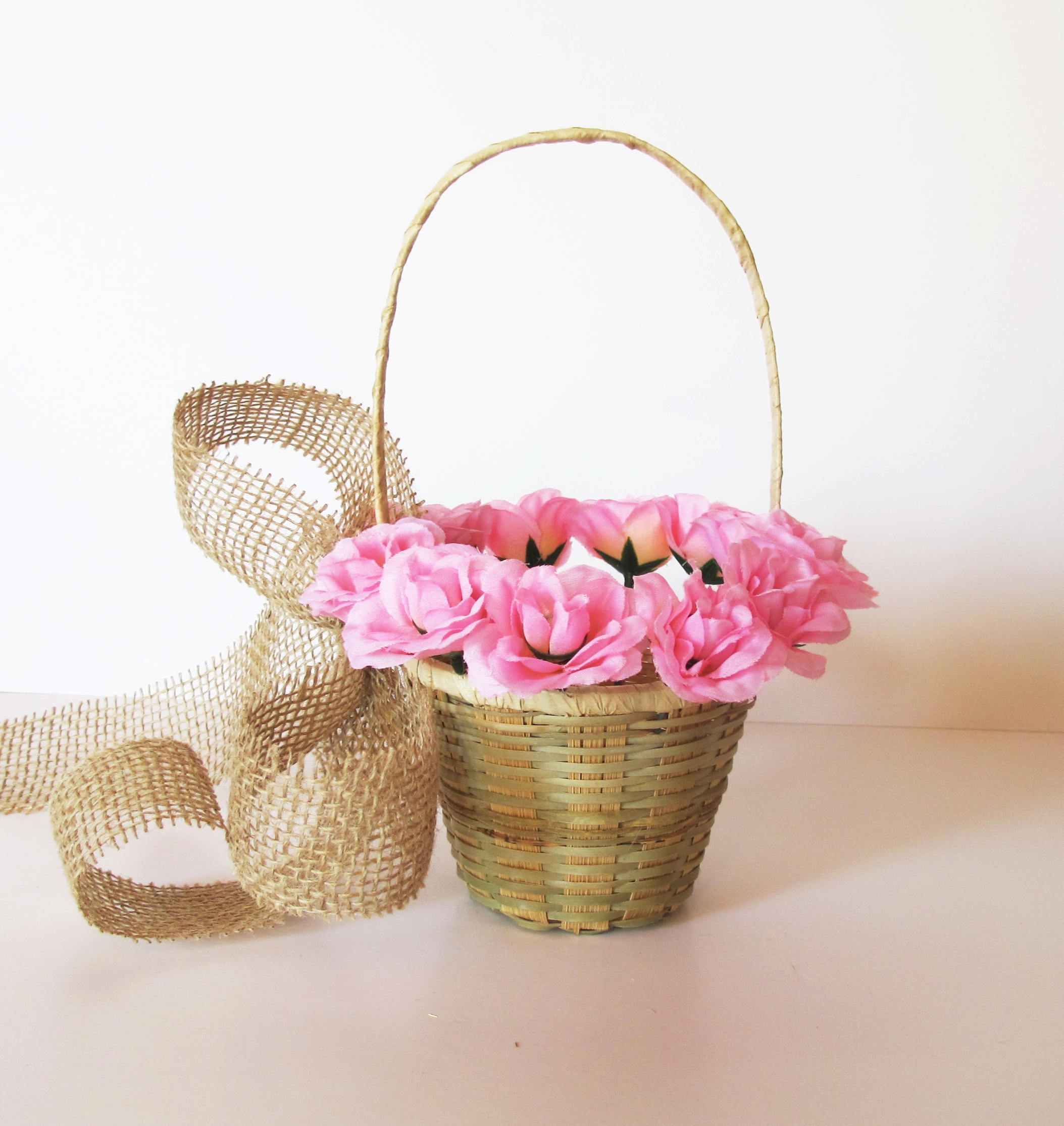Flower Girl Basket Wedding Pink Roses Flowers Wicker Basket Etsy