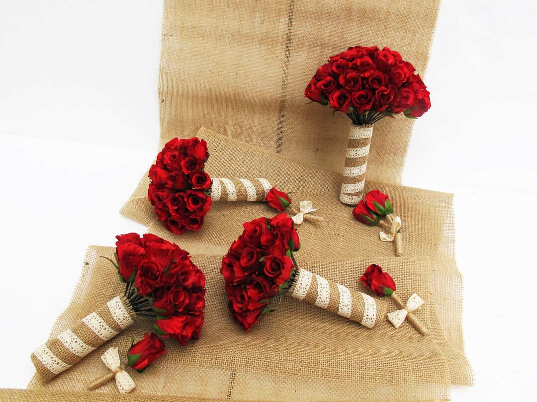 Red Roses Wedding Bouquet Set 8 Pieces Red Silk Roses Burlap Ribbon ...