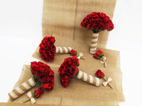 Red Roses Wedding Bouquet Set 8 Pieces Red Silk Roses Burlap Ribbon Lace Bouquet Flowers Bouquet Elegant Wedding Set