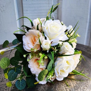 Creamy, Ivory, White Roses and Muted Greenery Silk Bridal Bouquet, Eucalyptus, Gypsophila, Soft, Dusty Colors, Wedding Flowers, Boutonniere
