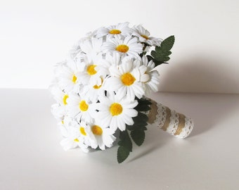 Daisies Wedding Bouquet Bridesmaid Bouquets White Lace Brown Jute Green Leaves Artificial Field Flowers Bridal Country Rustic Wedding