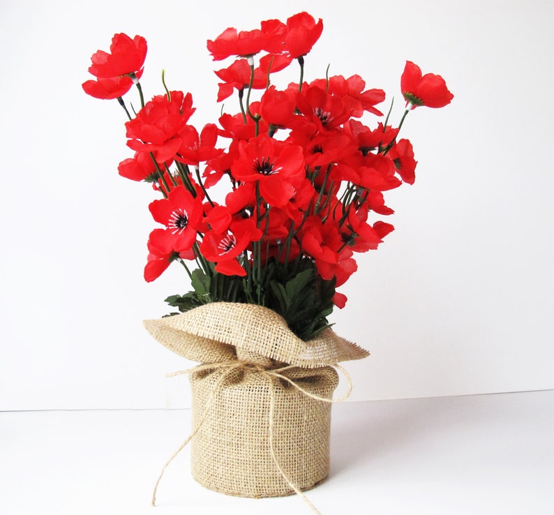 Red Poppies Table Decor Silk Big Poppies Anemones Burlap Decoration Silk Flowers Reception Artificial Flowers Table Centerpiece image 1