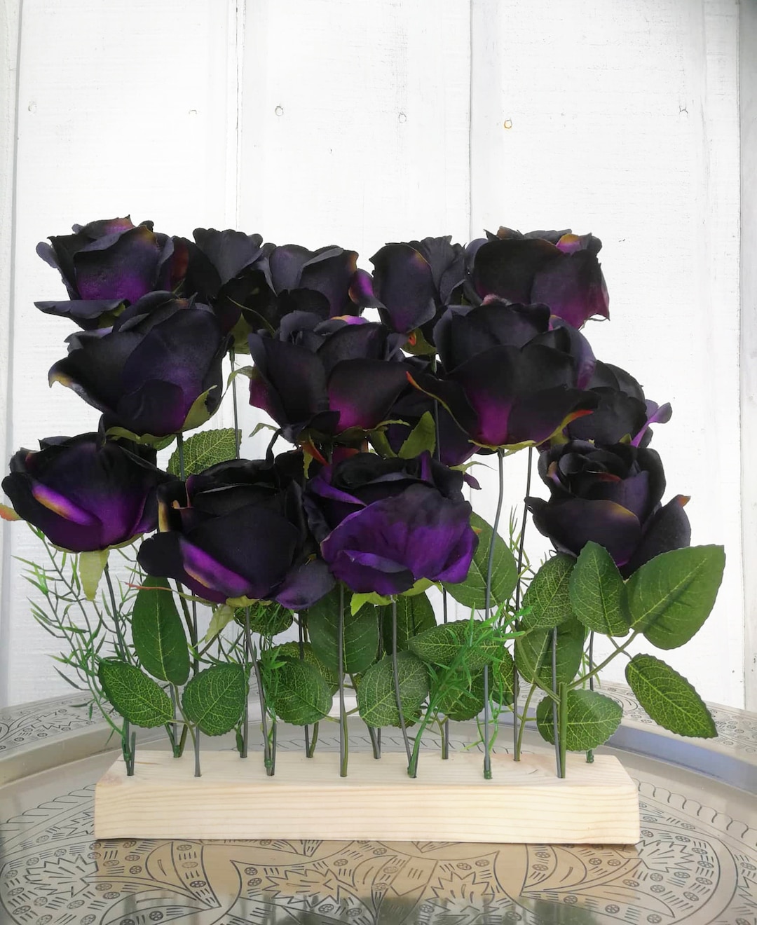 Purple Black Roses Decor on Natural Wood Base, Silk Flowers Bar ...