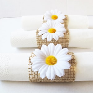 10 Napkin Rings, White Daisy Brown Burlap Wedding Party Daisy Napkins Ring Wedding Table Decor Paper Napkin Holders Birthday Party Holiday