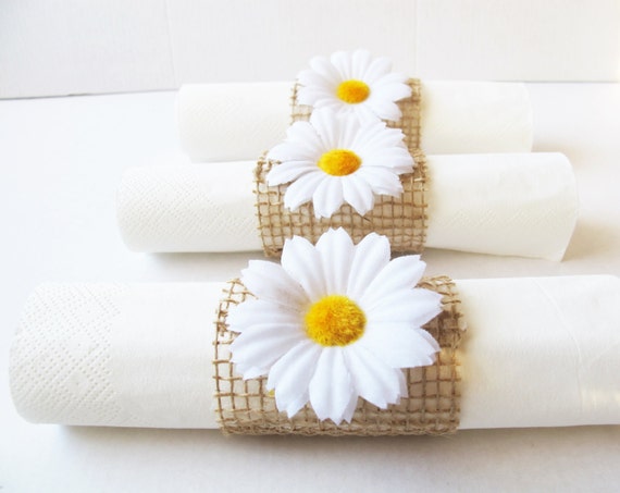 10 Napkin Rings White Daisy Brown Burlap Wedding Party Daisy