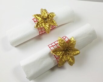 10 Napkin Rings, Gold Poinsettia Red Mesh Christmas Wedding Party Napkin Table Decor Paper Napkins Holders Birthday Party Events Holidays