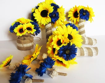 Wedding Bouquet Set 10 Pieces Set Yellow Silk Sunflowers Blue Cornflower Burlap Lace Bouquet Flowers Wedding Flowers Rustic Artificial