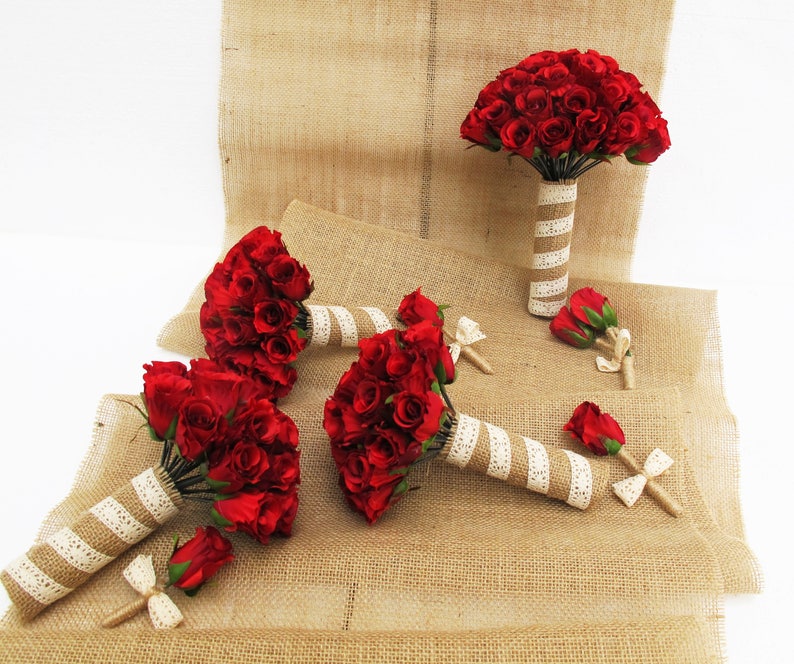 May include: Set of five red rose bouquets with burlap and lace wrapping. The bouquets are arranged on a burlap background.
