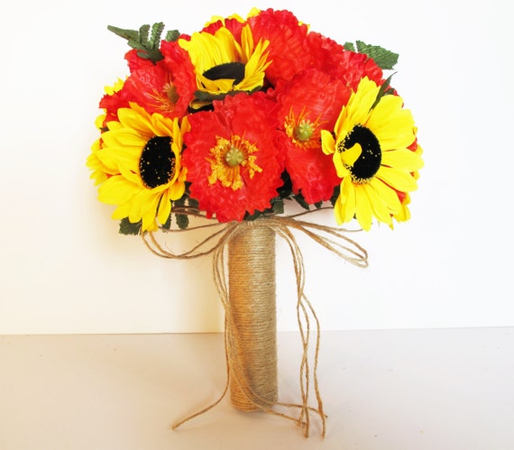 Tournesols Et Coquelicots Bouquet Mariage Bouquet Jute Ribbon Etsy