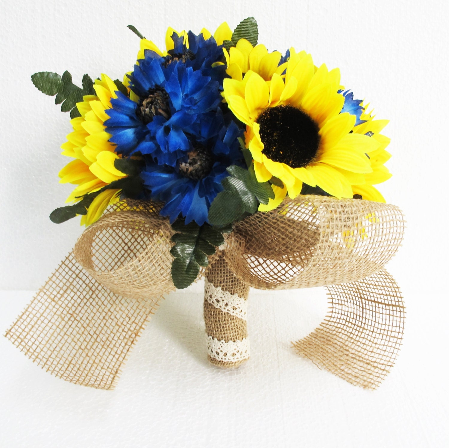 Bouquet da sposa con girasoli Bouquet da damigella d'onore Fiordaliso blu Nastro di juta marrone giallo Foglie Fiori artificiali Sposa Rustico Matrimonio - Italia