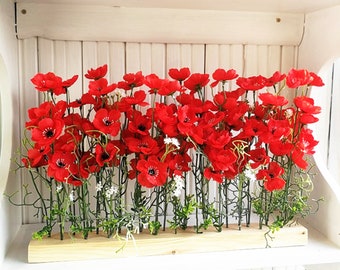 Red Poppies Decor on Natural Wood Base, Silk Big Poppies Anemones Decoration, Silk Flowers Reception Artificial Flowers Table Centerpiece