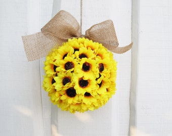 Sunflowers Kissing  Ball Wedding Decoration Sunflower Pomander Yellow Burlap Ribbon Hanging Decoration Artificial Flowers Decor Gift