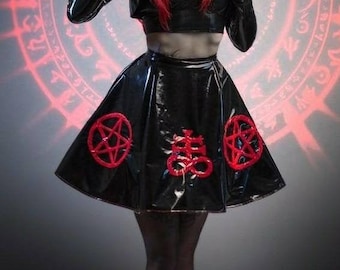 Black PVC fetish gothic skater skirt with satanic symbols, witchy skirt, Goth skater skirt, Satanic skirt, PVC skirt