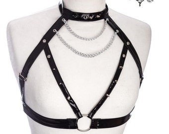 Black PVC harness with spikes and chains for punks and goths, plus size harness, wet look harness