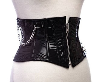 Black underbust zip front PVC corset with spikes and chains