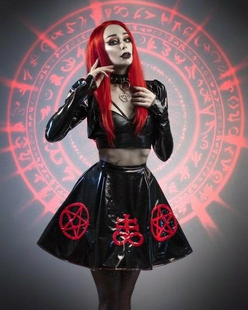 Black PVC Fetish Gothic Skater Skirt With Satanic Symbols. - Etsy UK