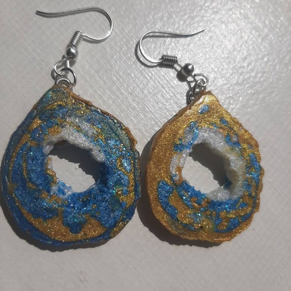 Blue ,gold and white glittery Hand made epoxy resin agate slice earrings, small