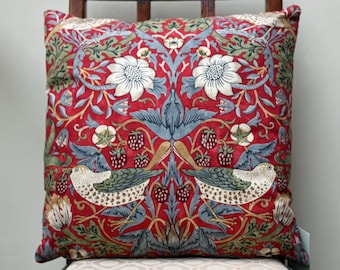 William Morris Strawberry Thief Crimson Cushion Cover 16" x 16" Morris & Co. Fabric - Design on both sides