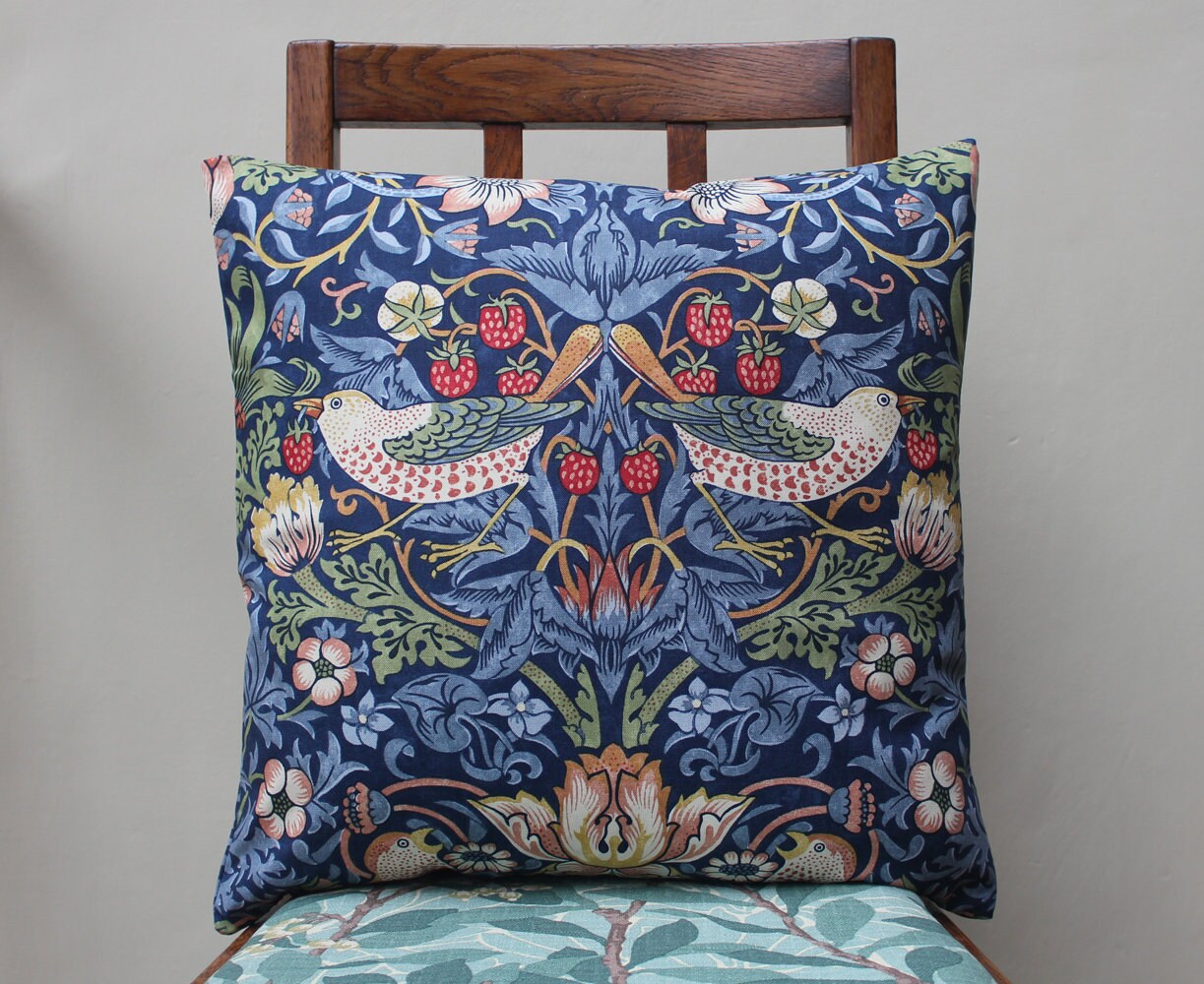 William Morris Strawberry Thief Cushion & pad Indigo PomPom Trim Organic Cotton William Morris Strawberry Thief Cushion & pad Indigo PomPom Trim Organic Cotton