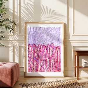 Op de afbeelding: Abstracte kunstafdruk in een houten lijst. Het kunstwerk heeft een tweekleurig ontwerp met een paarse bovenkant en een rode en roze onderkant. De print wordt weergegeven in een goed verlichte kamer met een roze poef en een luipaardprint tapijt.