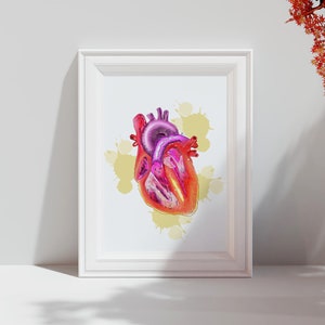May include: A framed print featuring a detailed, colorful illustration of a human heart. The artwork showcases the heart in shades of red, pink, and purple, set against a backdrop of yellow paint splatters. The white frame adds a clean, modern touch to the medical-themed art.