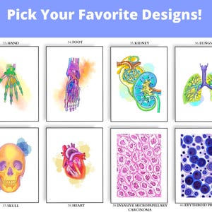 May include: A collection of watercolor anatomical art prints. The prints depict the hand, foot, kidney, lungs, skull, heart, invasive micropapillary carcinoma, and erythroid precursors. The text "Pick Your Favorite Designs!" is at the top.