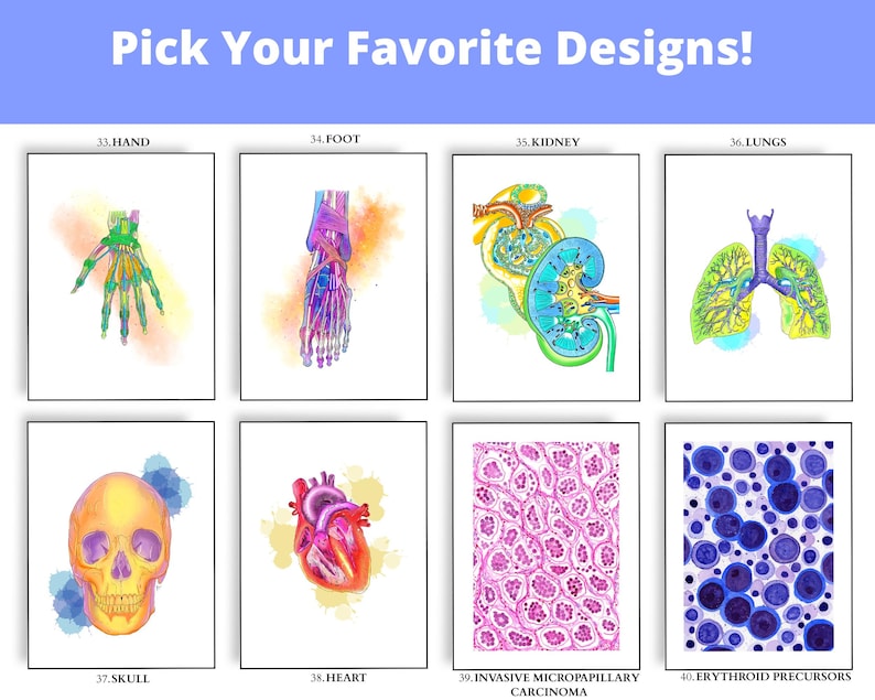 May include: A collection of watercolor anatomical art prints. The prints depict the hand, foot, kidney, lungs, skull, heart, invasive micropapillary carcinoma, and erythroid precursors. The text "Pick Your Favorite Designs!" is at the top.