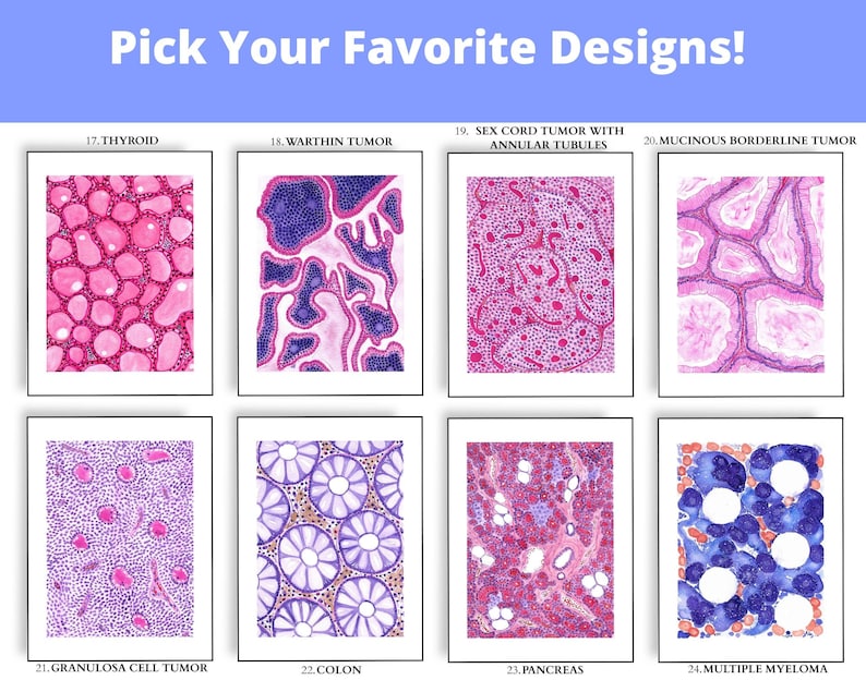May include: A collection of eight framed watercolor illustrations of various medical conditions, including thyroid, colon, and multiple myeloma. Each artwork features a unique pattern of colors and shapes, with titles below each image. The text "Pick Your Favorite Designs!" is at the top.